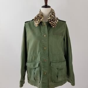 Gap Green Utility Jacket Removeable Leopard Faux Fur Collar Pockets Nice Size S